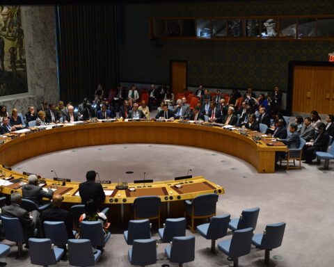 The United Nations Security Council chamber during a meeting on nuclear non-proliferation, showing the circular P5+1 table format from which Gulf states hold no permanent seat