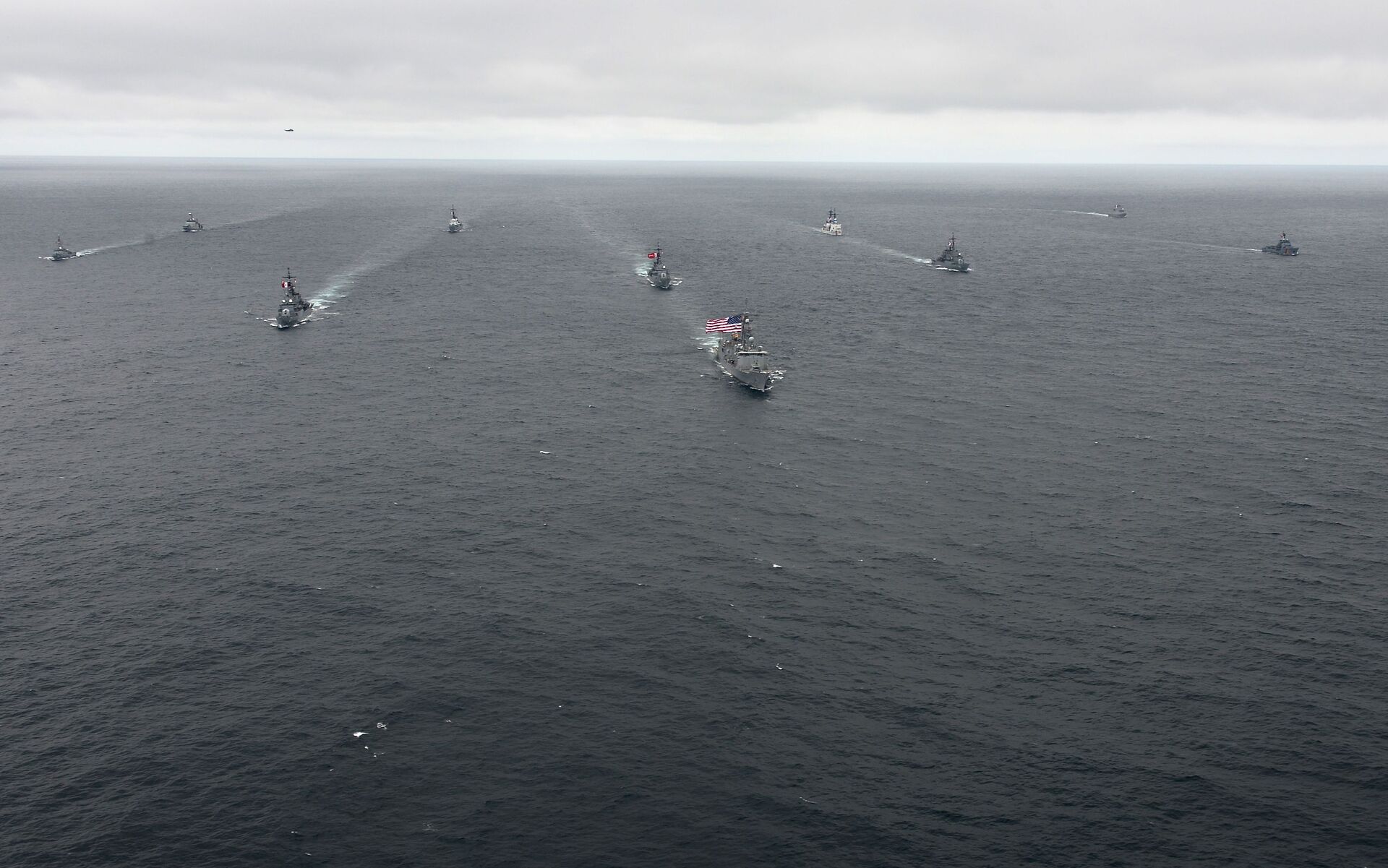 Multinational naval warships in formation during UNITAS exercise — US, Peruvian, Mexican, Chilean and Colombian vessels