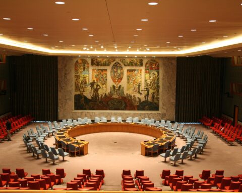 United Nations Security Council chamber, New York — the horseshoe table where the April 7 Hormuz veto was cast