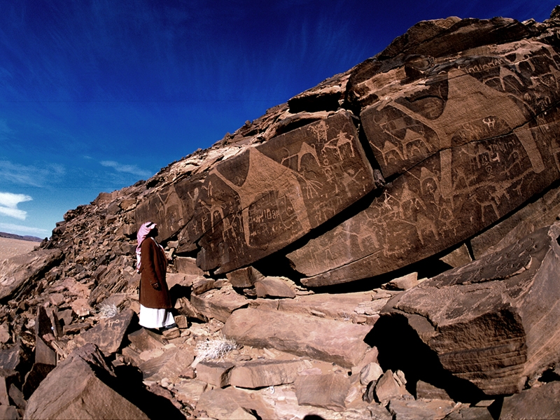 Ancient rock art petroglyphs at Jubbah, Hail UNESCO World Heritage Site, Saudi Arabia