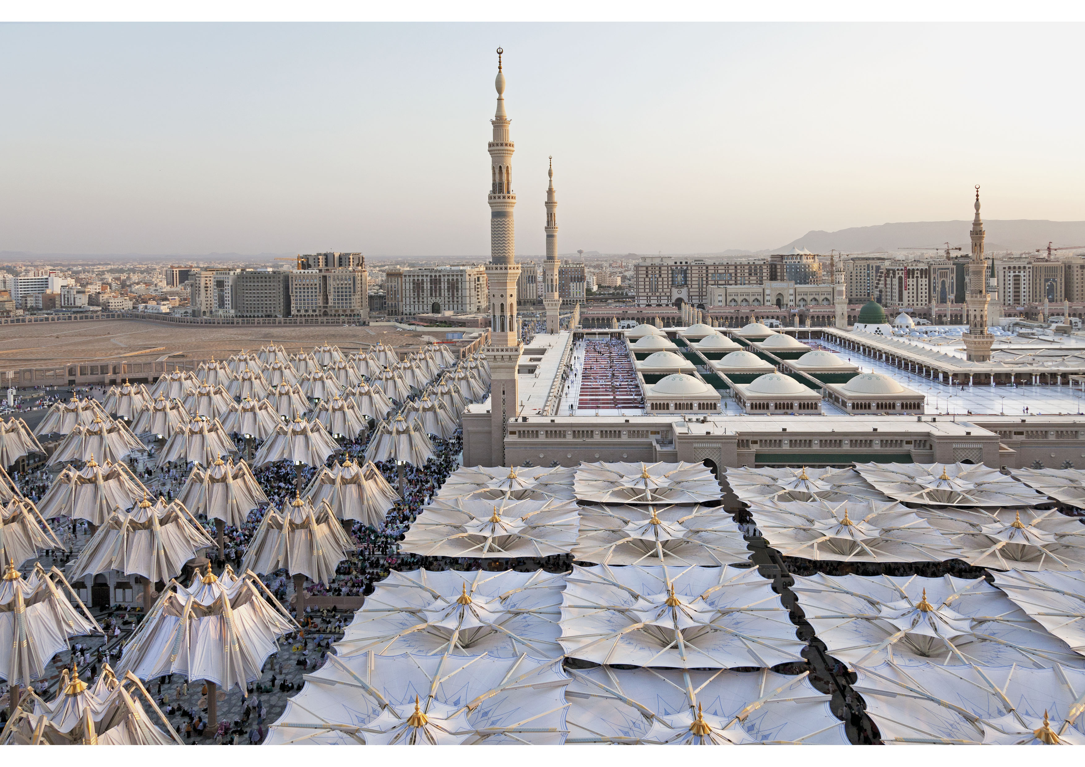 The retractable umbrellas of the Prophet's Mosque piazza in Madinah, Saudi Arabia