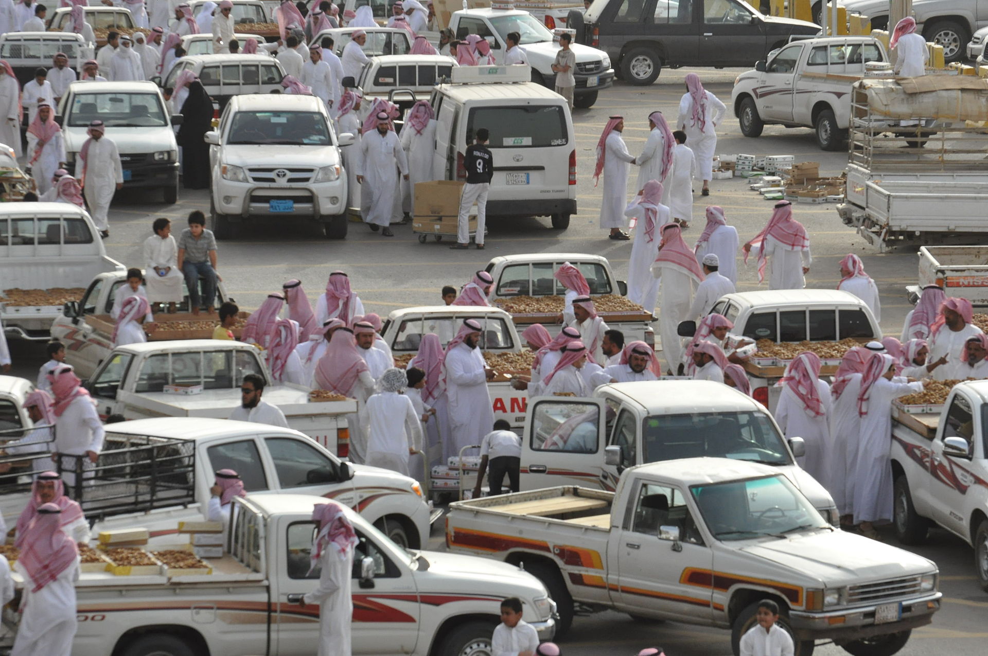Wide view of the Buraydah Date Market showing dozens of trucks laden with date trays and traders moving between vehicles