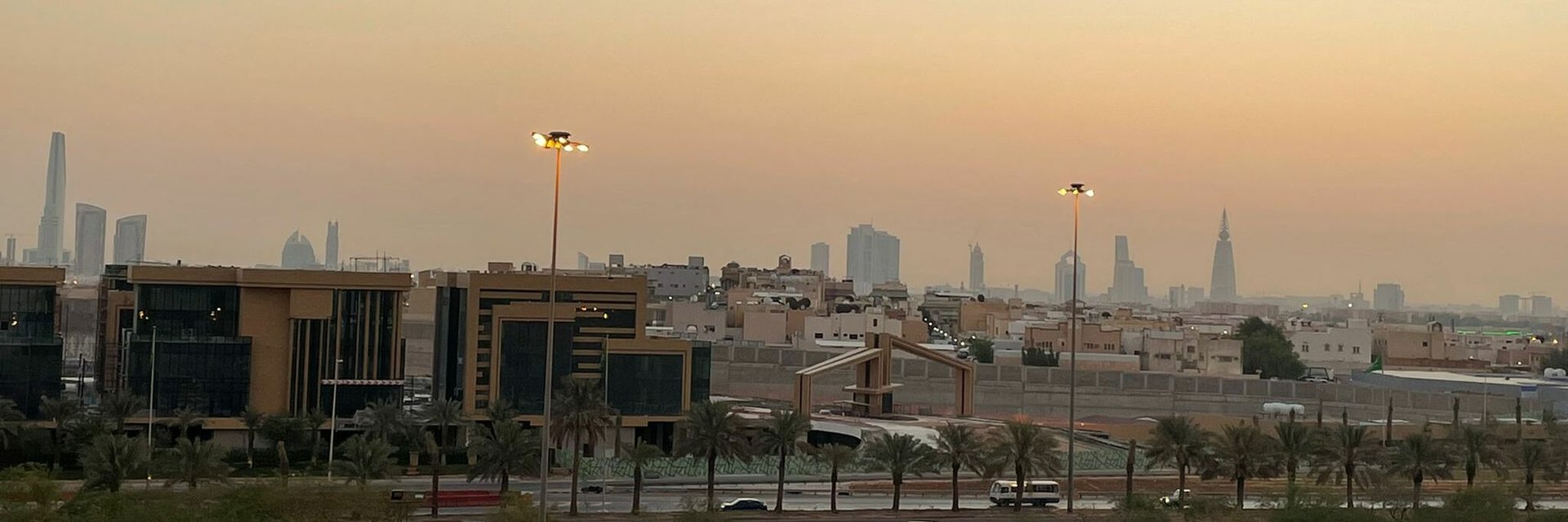 Riyadh skyline viewed from the Diplomatic Quarter at sunset, with palm trees and low-rise buildings in the foreground