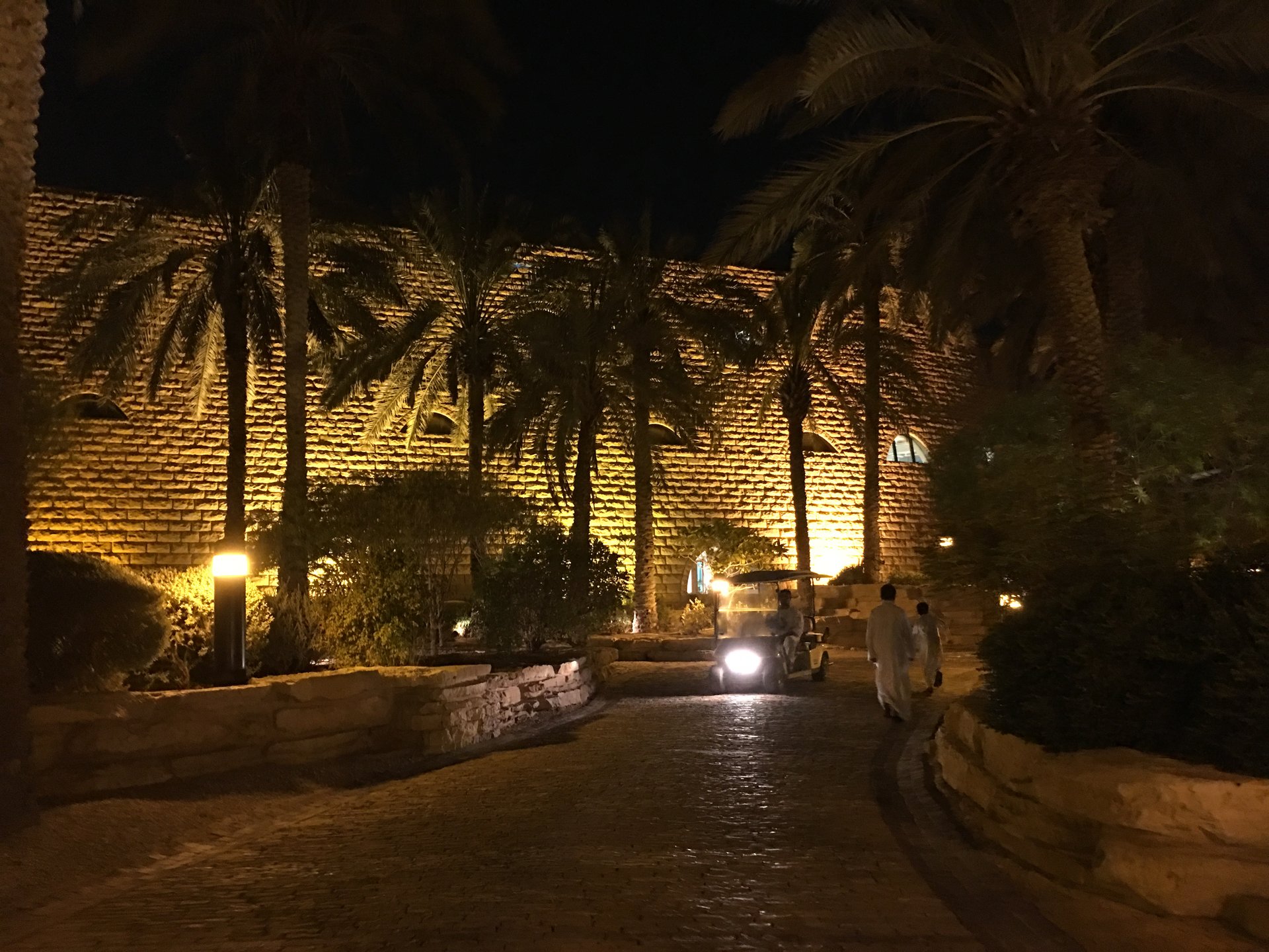 Tuwaiq Palace at night, illuminated stone walls and palm trees along a cobblestone path in the Diplomatic Quarter