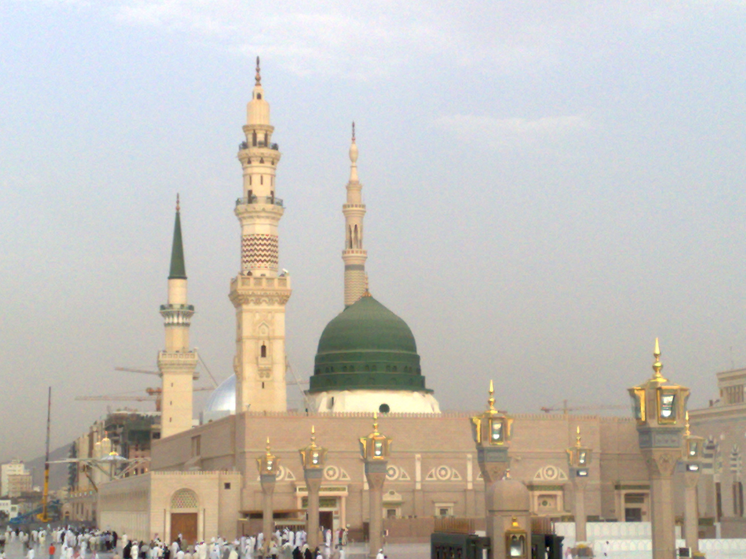 Al-Masjid an-Nabawi (the Prophet's Mosque) in Medina with its iconic Green Dome at dusk