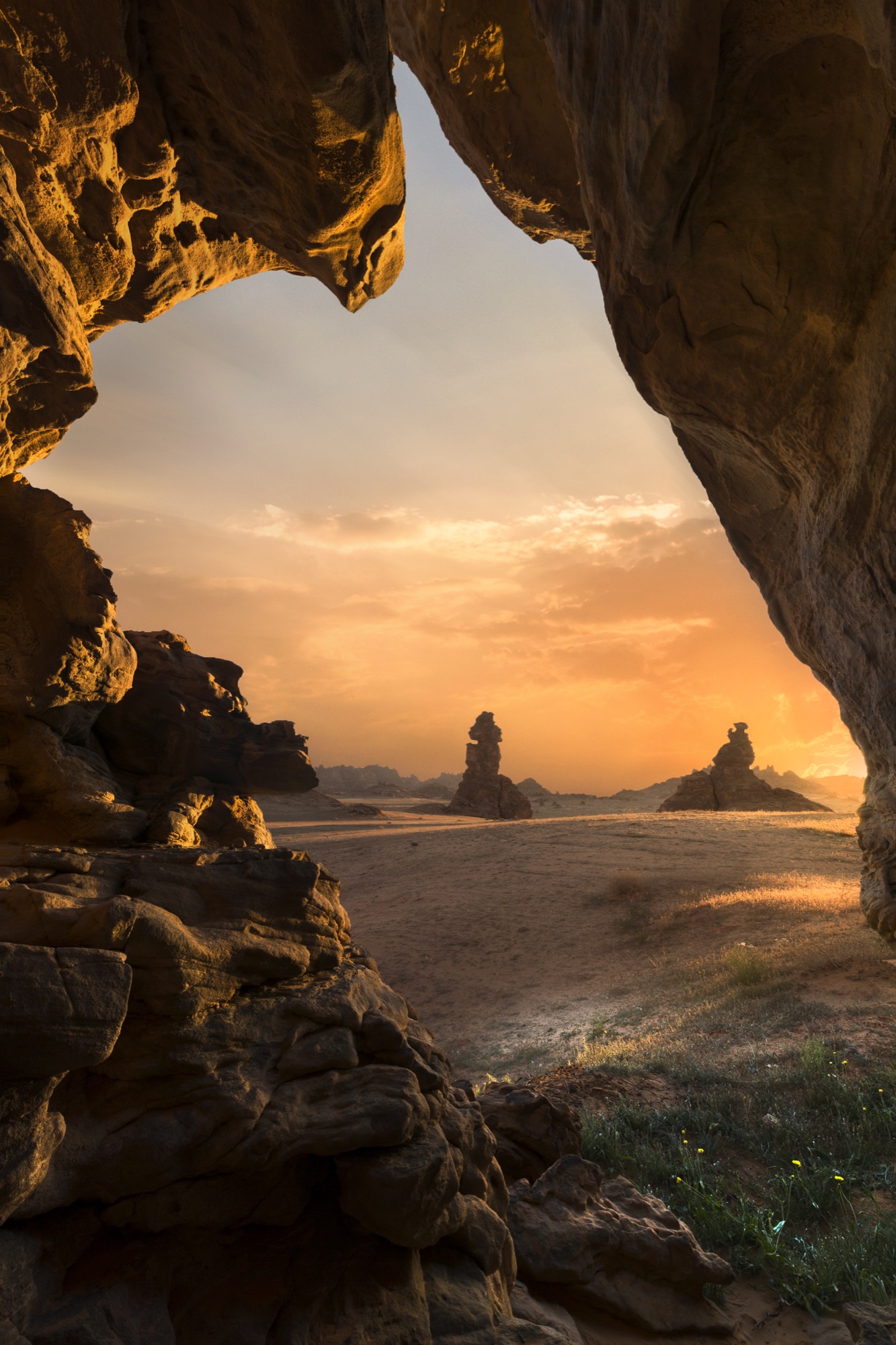Rocky mountain landscape of the Al-Musamma range in the King Salman Royal Reserve, Hail Region, Saudi Arabia