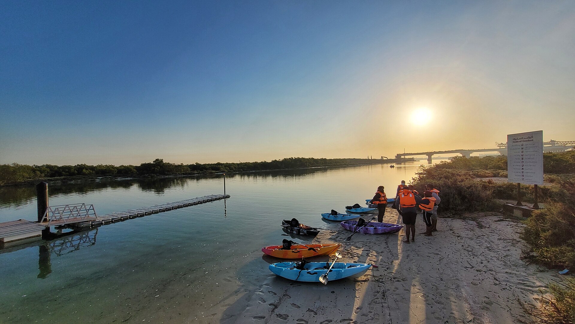 Kayakers preparing to launch from a mangrove shoreline at dawn with colourful kayaks lined up along the water