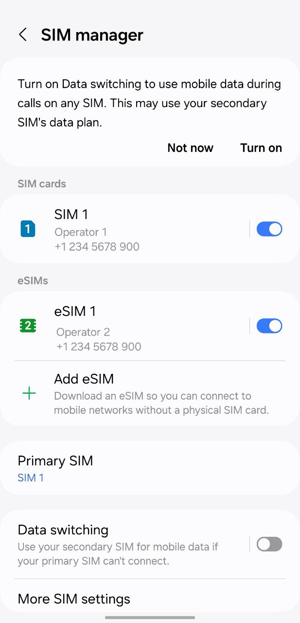 eSIM configuration settings screen displayed on a Samsung Galaxy S23 Ultra smartphone