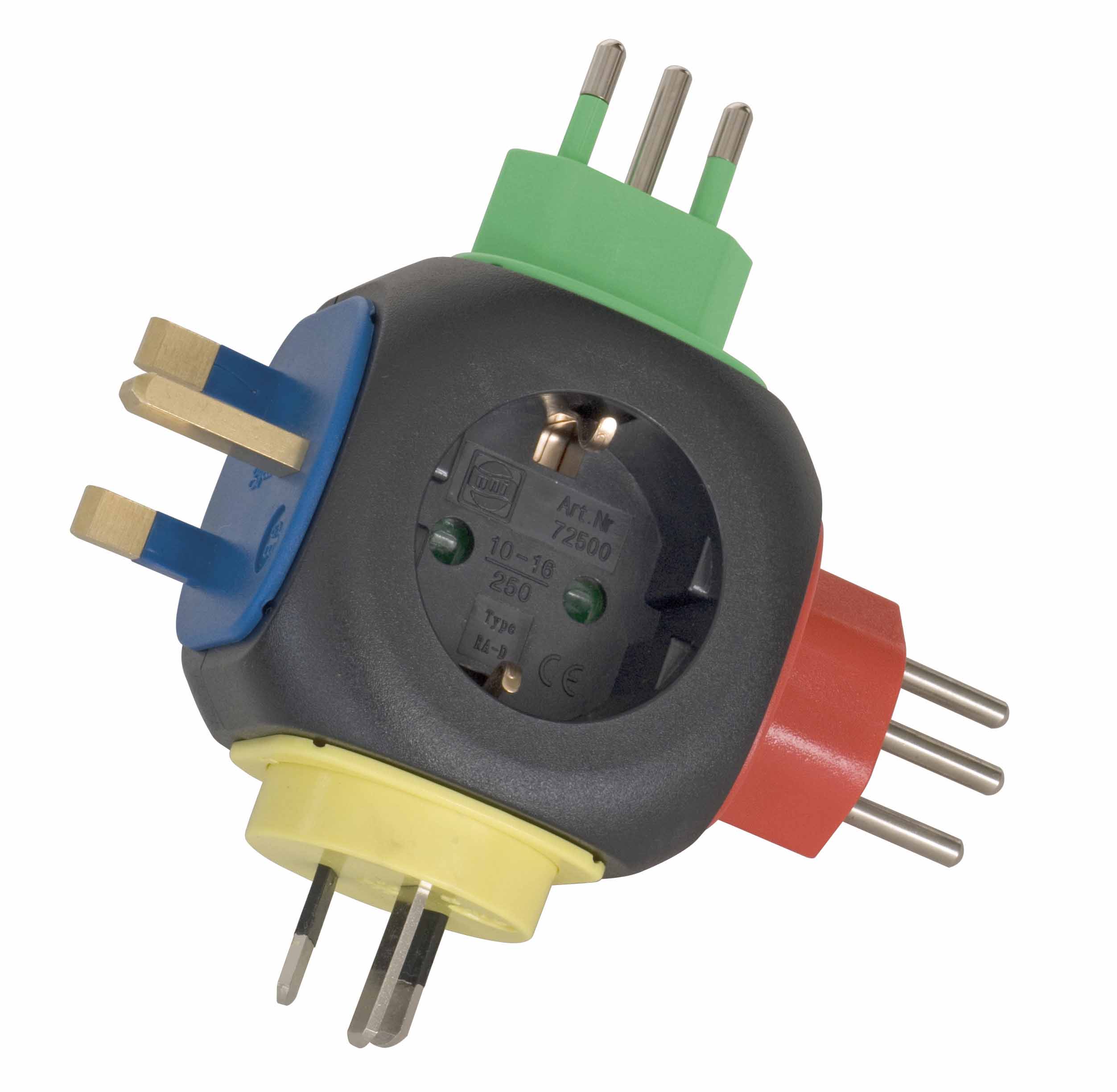 Universal travel adapter showing multiple plug type configurations for international travel