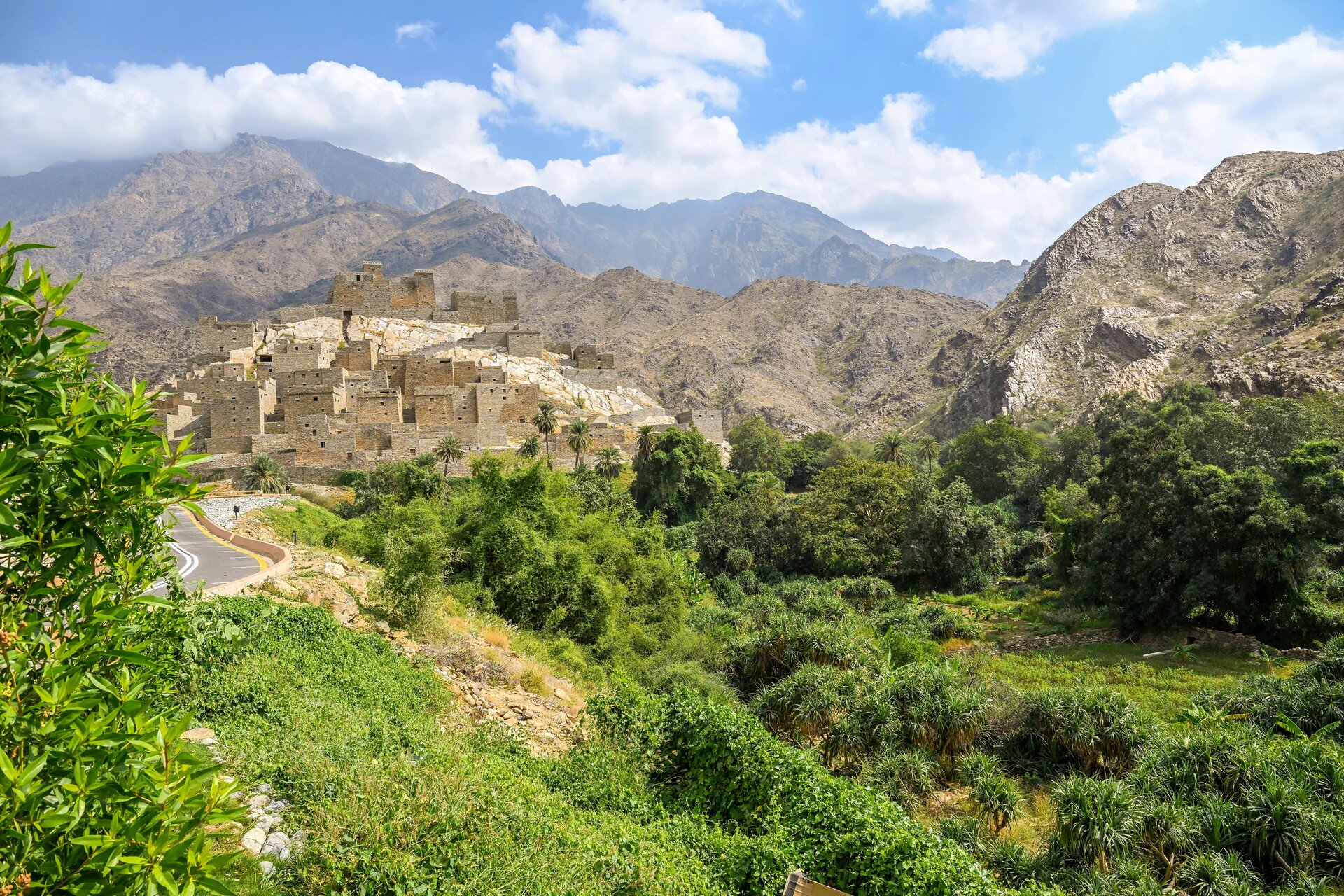 Thee Ain marble village in Al Baha with ancient stone houses built into a white hillside