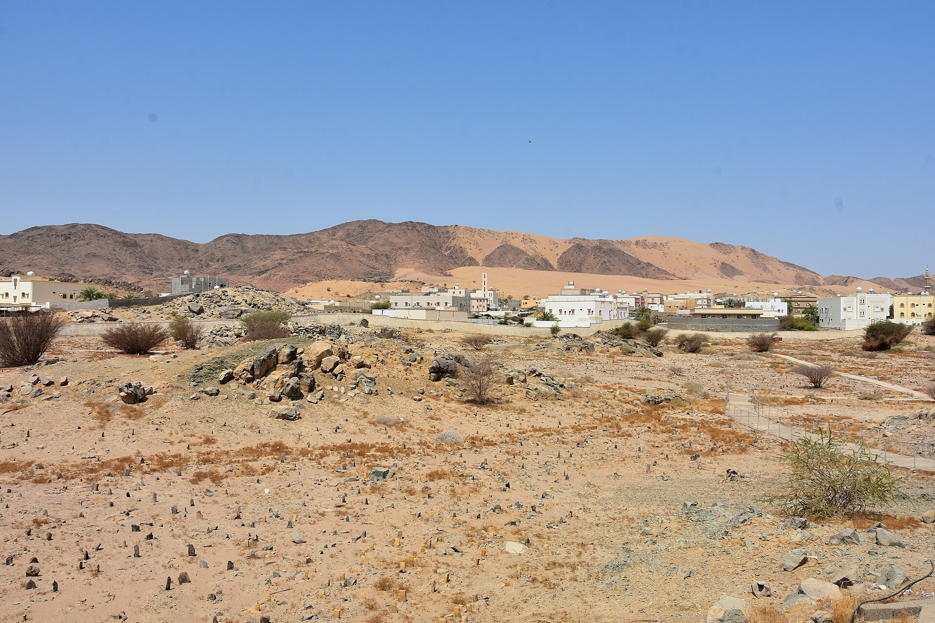 Ancient ruins and palm trees at Khaybar oasis in the Medina region of Saudi Arabia