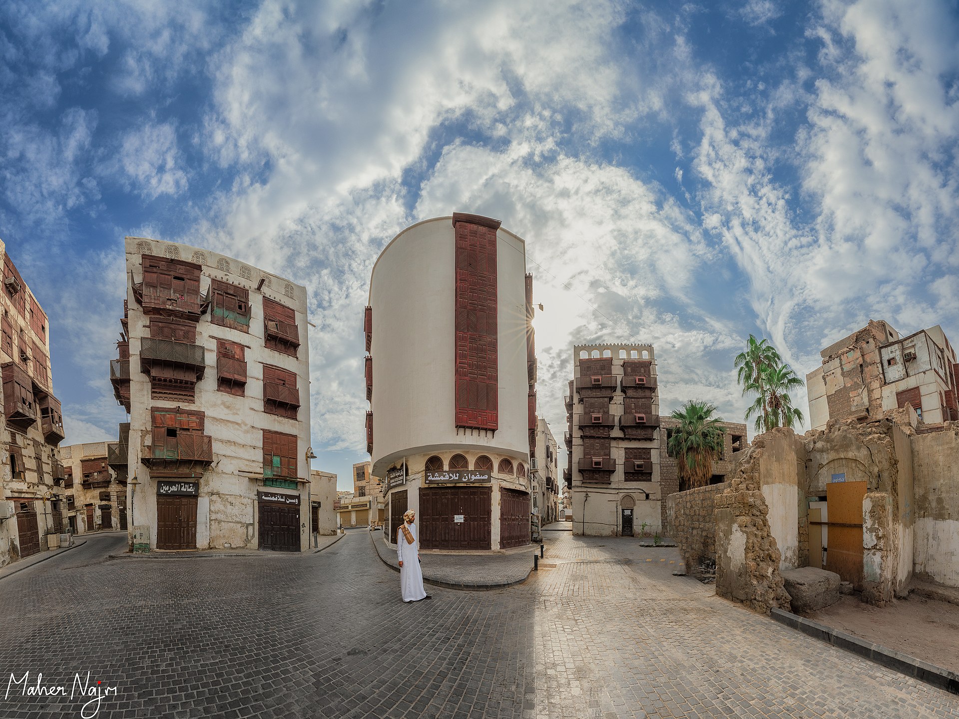 Historic Al-Balad district in downtown Jeddah with traditional coral stone buildings