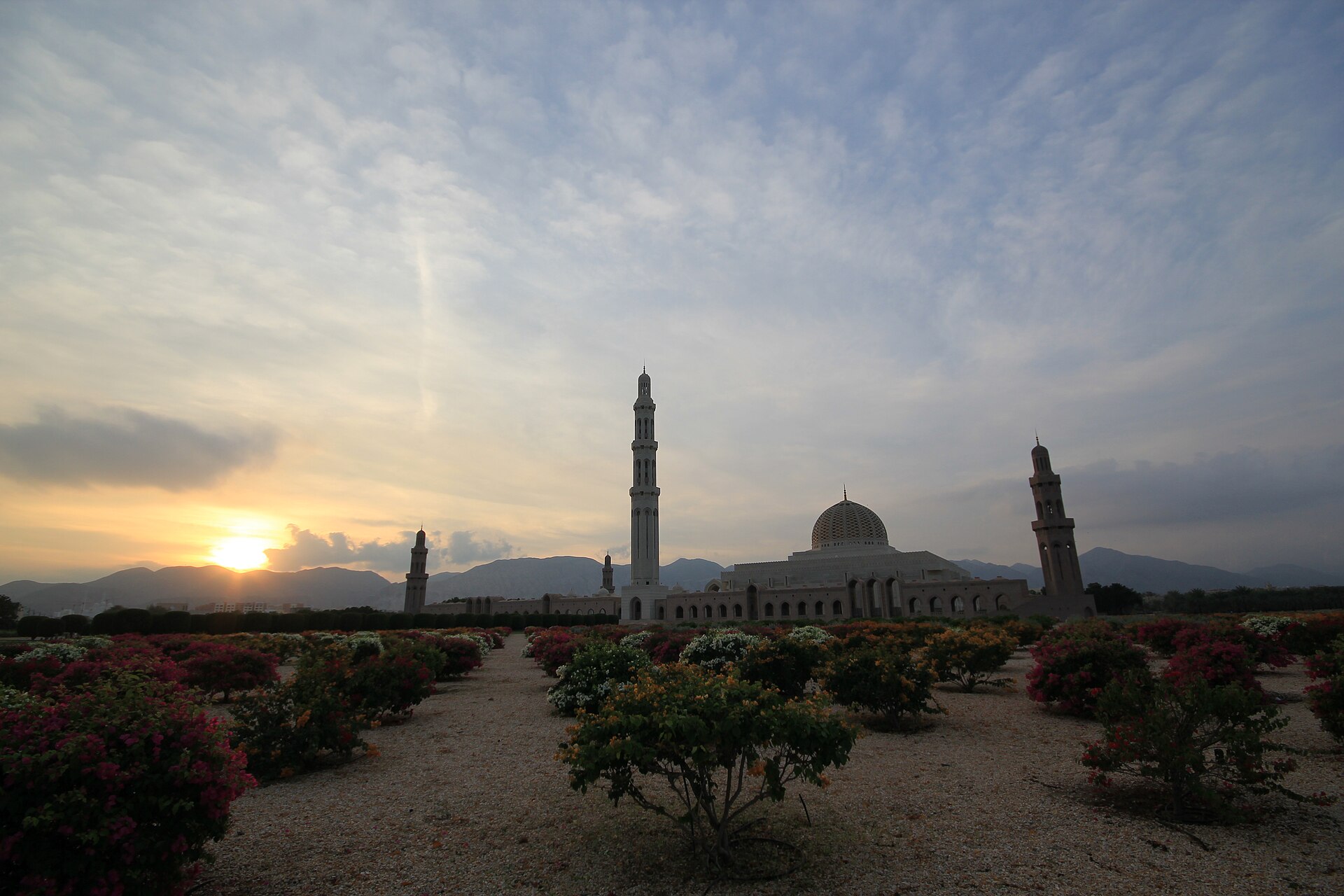 Sultan Qaboos Grand Mosque in Muscat, Oman at golden hour