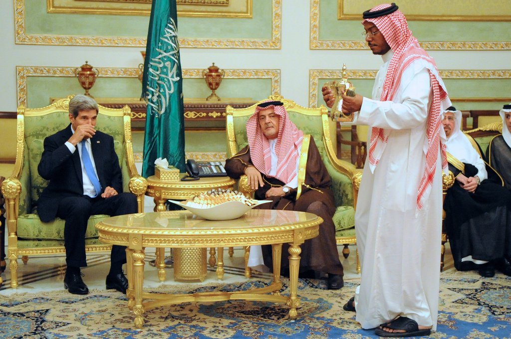 Secretary Kerry participates in a formal Saudi coffee ceremony in a traditional majlis