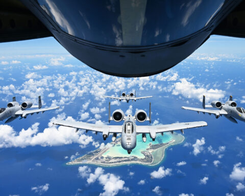 A-10C Thunderbolt II Warthogs in formation over Wake Island, June 2025 — the same type deployed by the 75th Expeditionary Fighter Squadron over the Strait of Hormuz in Operation Epic Fury