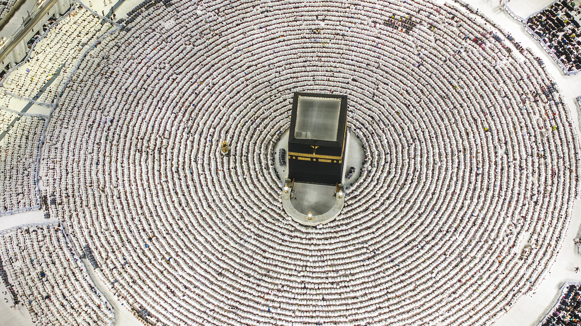 Aerial view of millions of worshippers performing prayer at the Grand Mosque in Makkah, Saudi Arabia