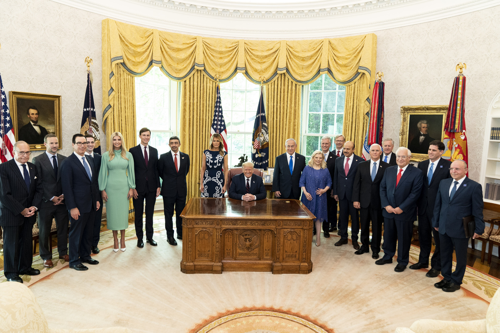 Abraham Accords signing ceremony, Oval Office, September 2020 — Jared Kushner, Trump, Netanyahu, UAE and Bahrain foreign ministers