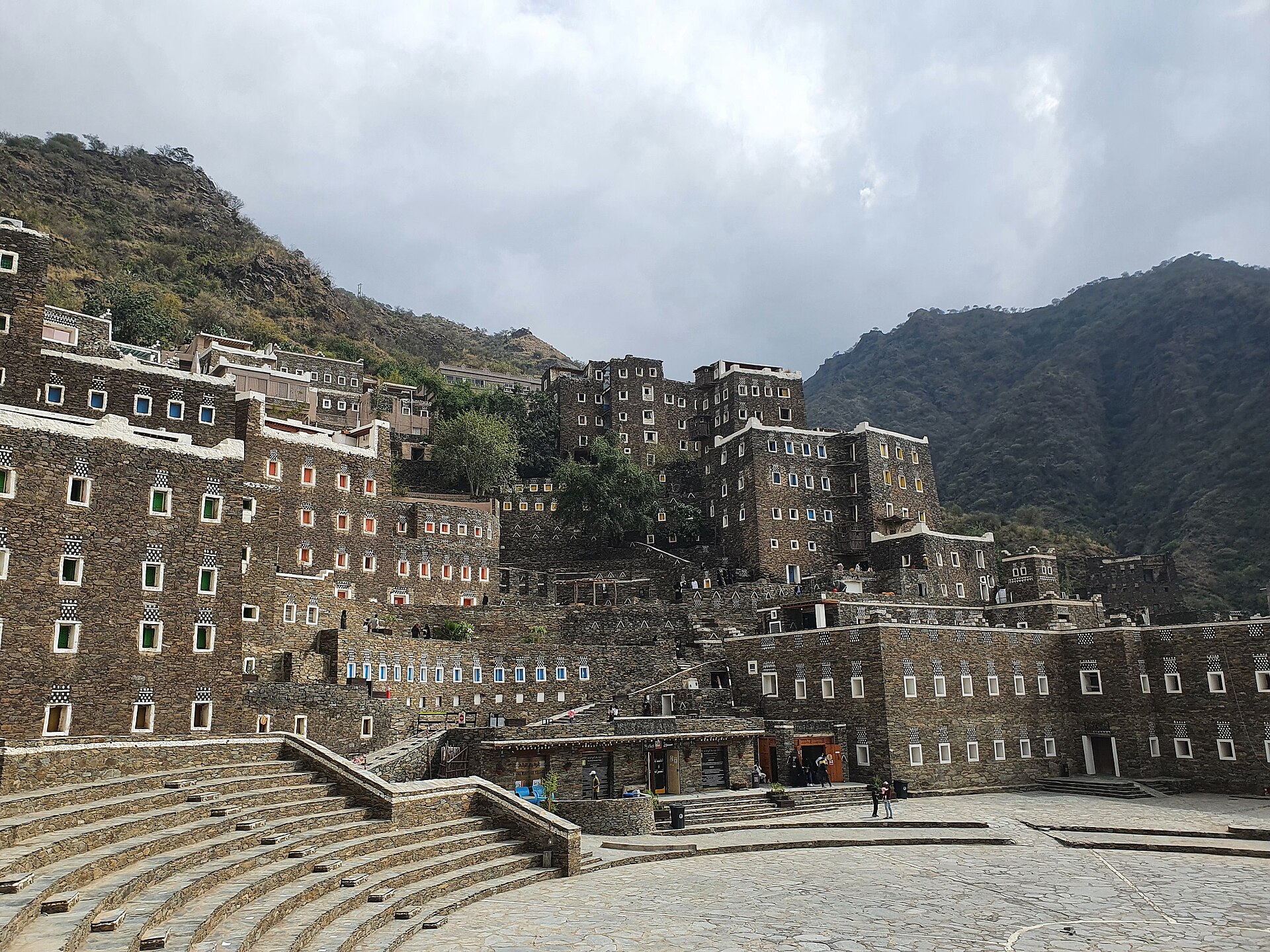 Colourful multi-story stone tower houses of Rijal Almaa heritage village in the Asir mountains of Saudi Arabia