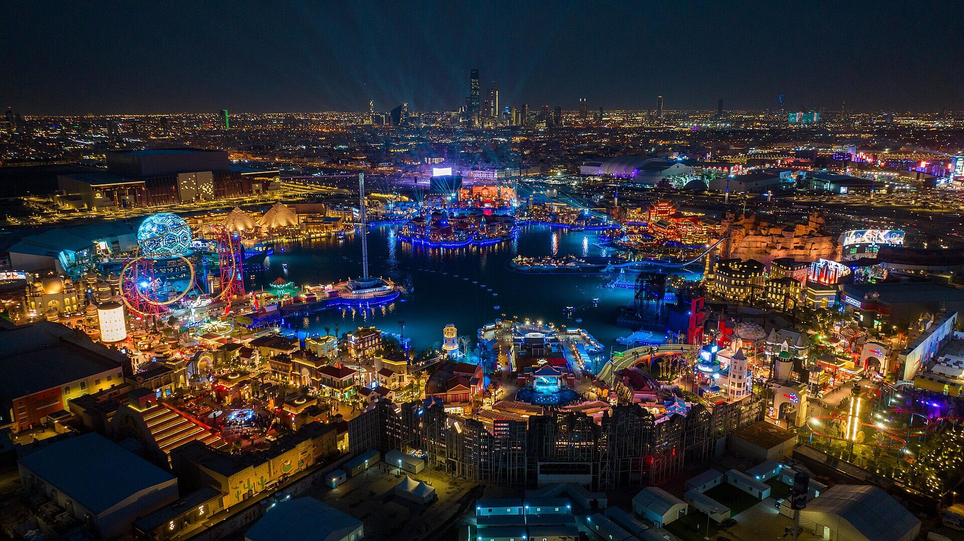 Boulevard World entertainment zone in Riyadh lit up at night during Riyadh Season