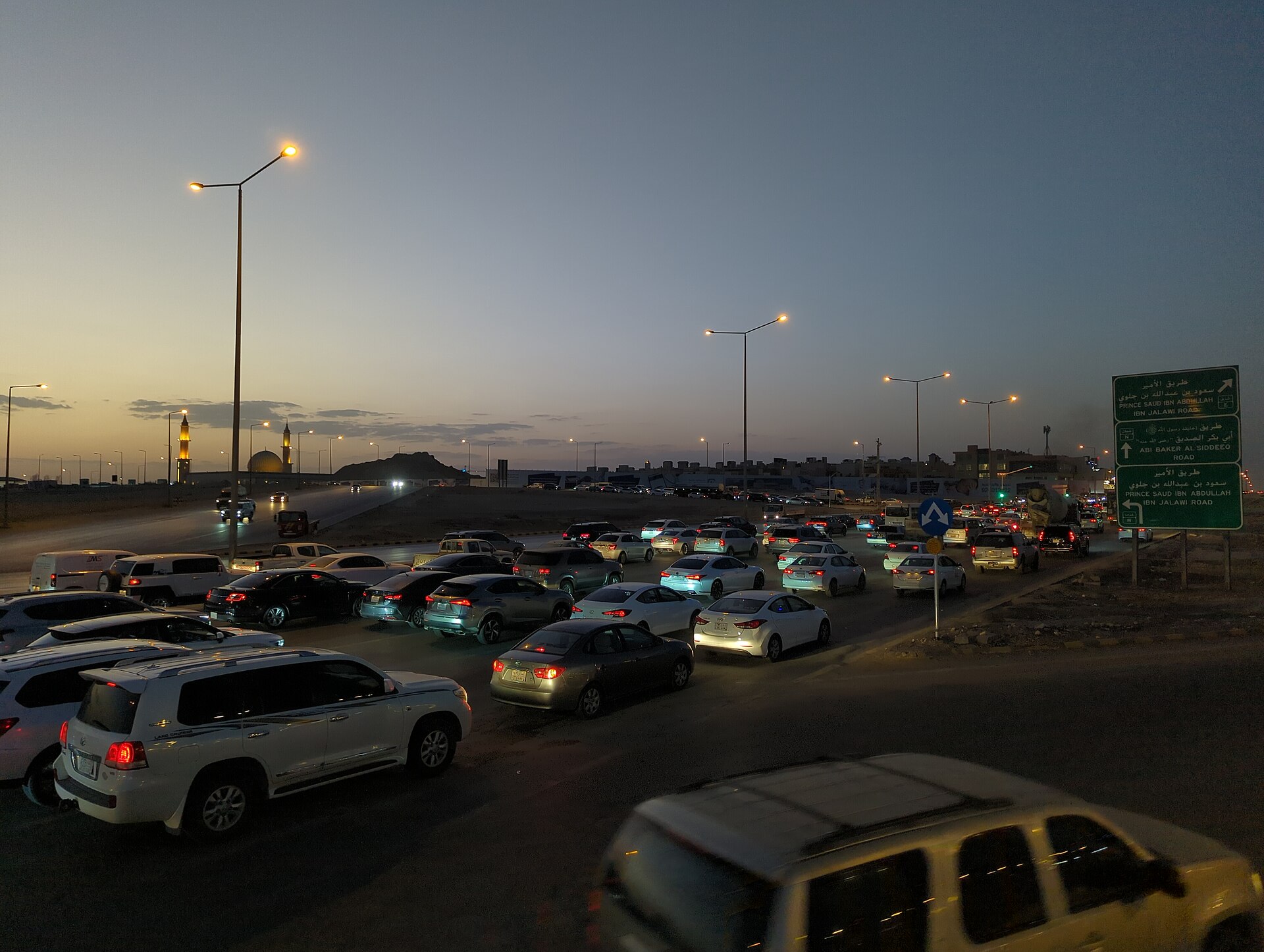 Traffic congestion in Riyadh's Narjis District during rush hour, showing the busy roads where accidents commonly occur