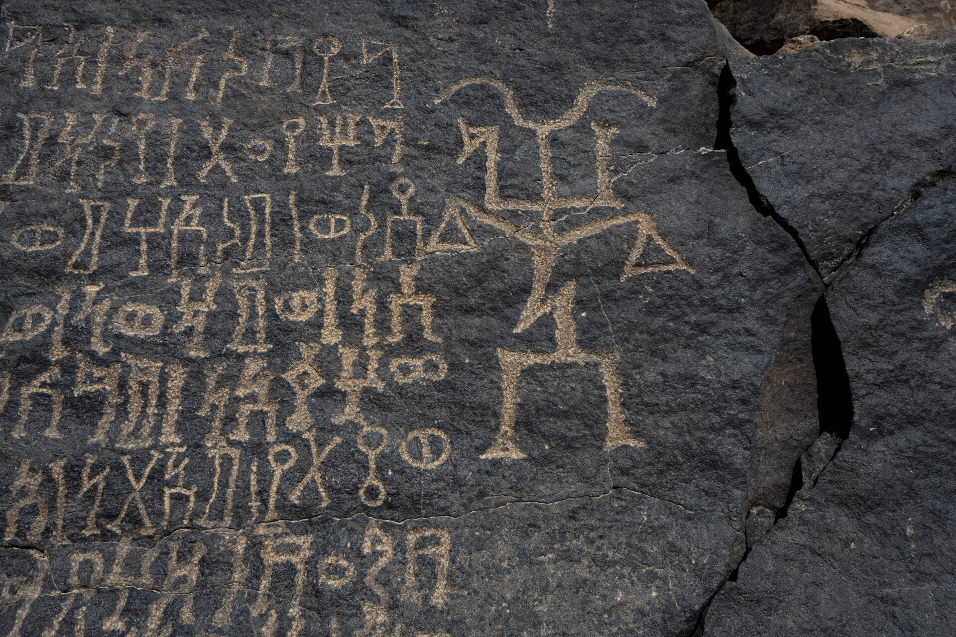 Ancient Musnad script inscriptions carved into dark rock at Hima Cultural Area with a human figure petroglyph