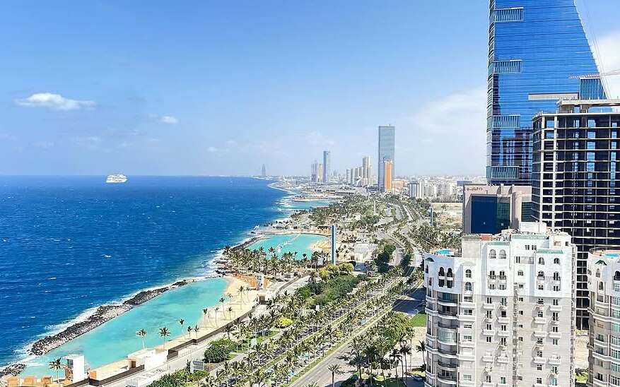 Jeddah waterfront and corniche aerial view showing the Red Sea coastline and modern towers