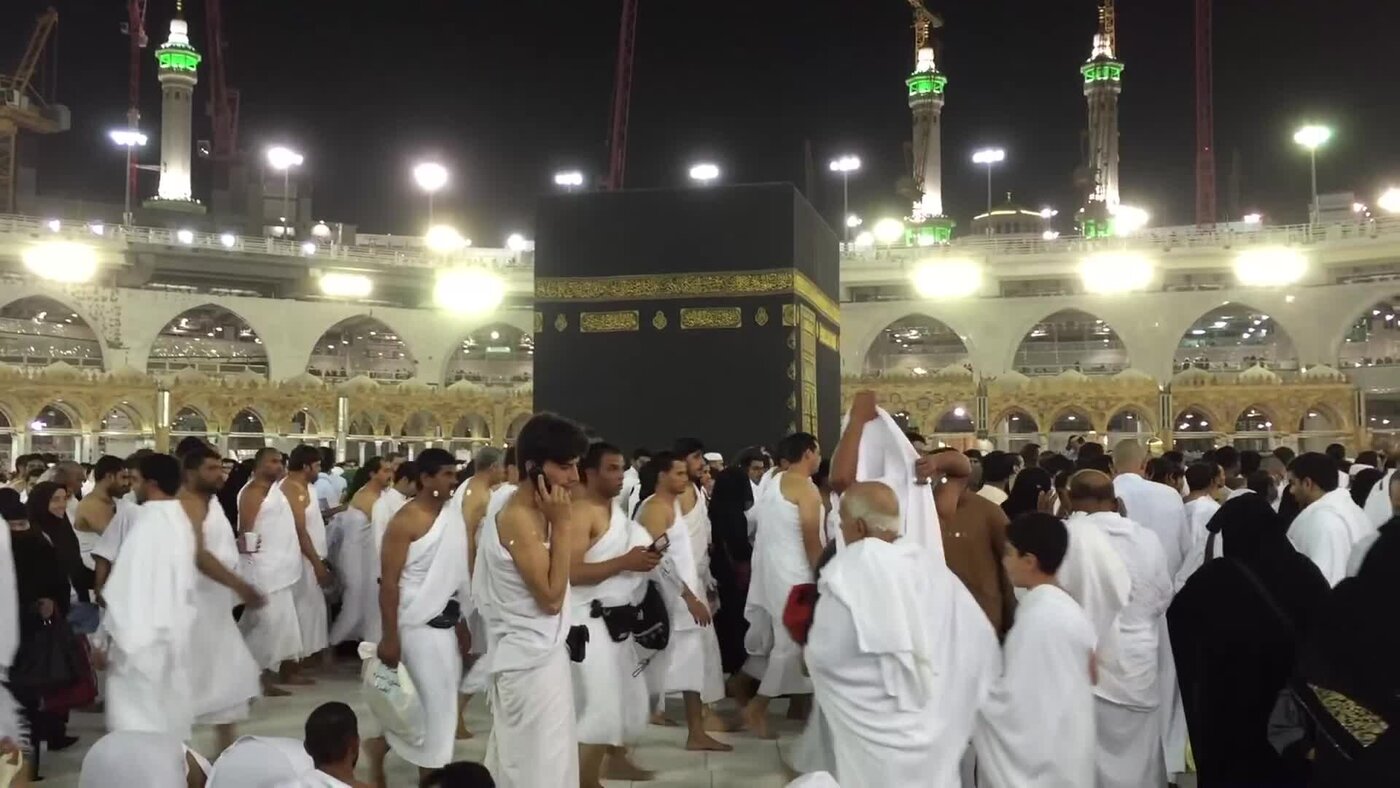 Pilgrims circumambulating the Kaaba at Masjid al-Haram in Mecca during Ramadan night prayers
