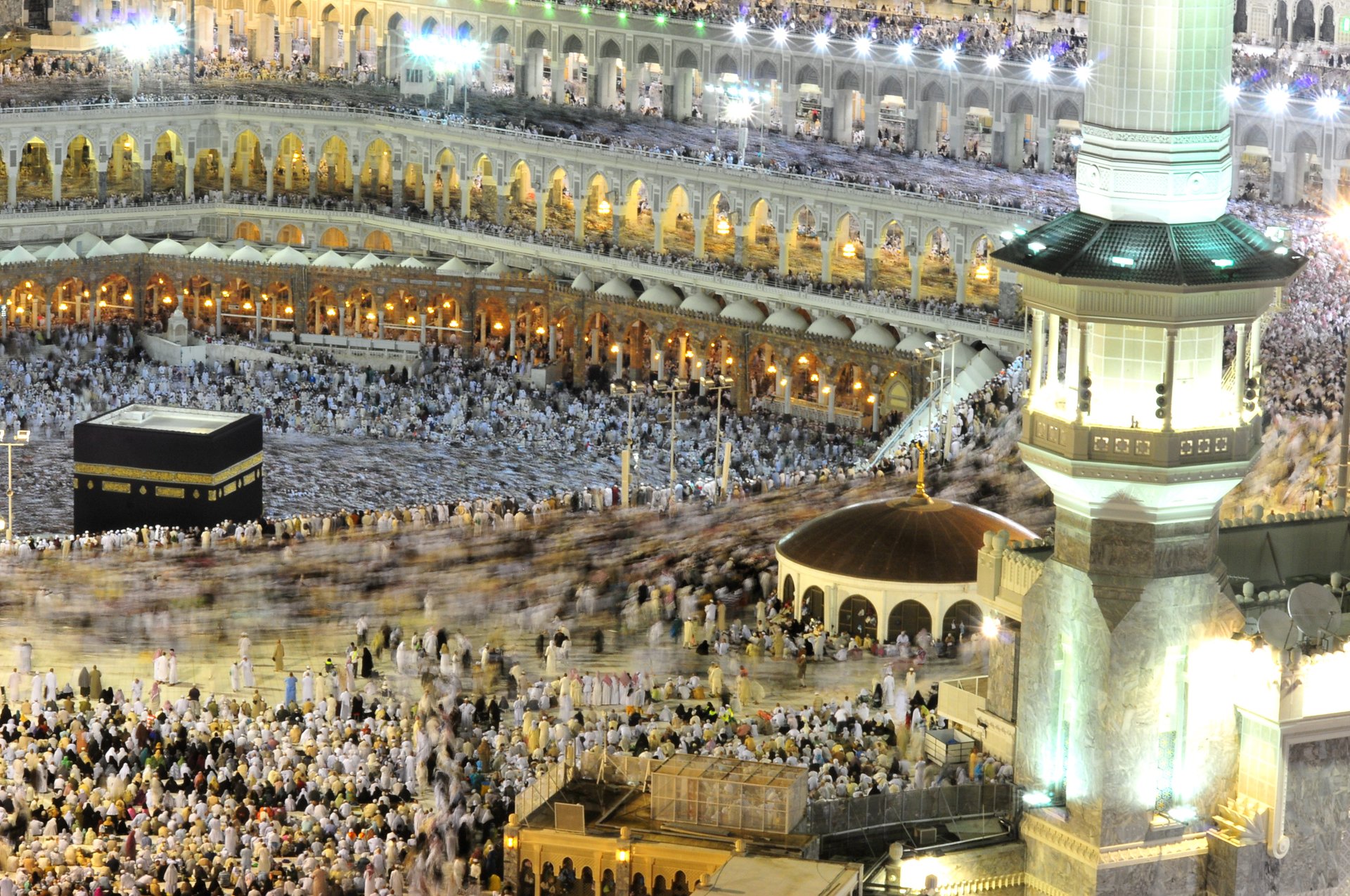 Aerial view of pilgrims performing Tawaf around the Kaaba at Masjid al-Haram at night