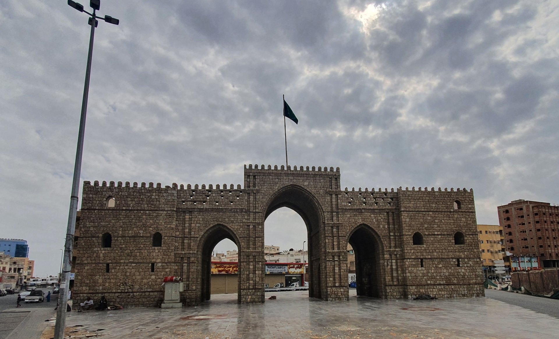 Bab Makkah, the historic eastern gate of old Jeddah, a reconstructed stone fortification with three arched openings