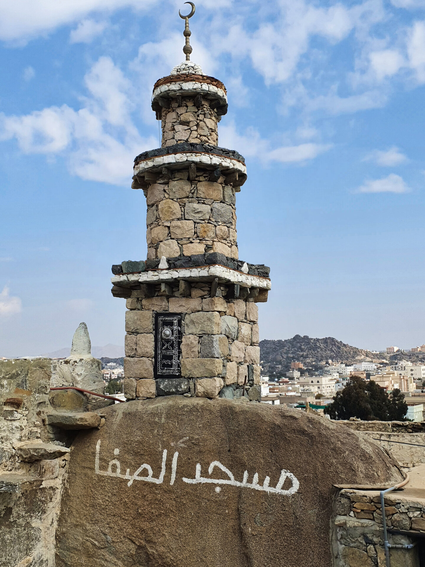 A traditional stone minaret in Baljurashi Old Town, Al Baha region, Saudi Arabia