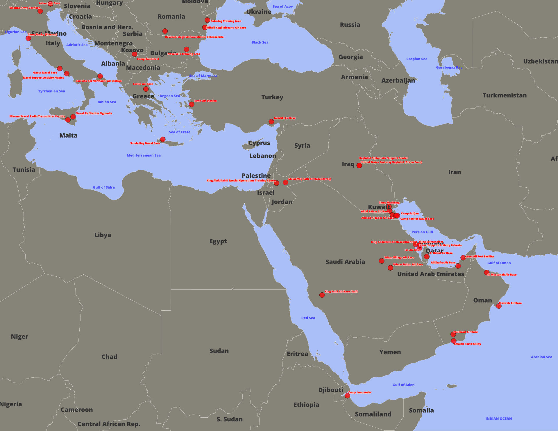 Map of US military bases in the Middle East showing positions across Kuwait, Iraq, Bahrain, Qatar, UAE, and Saudi Arabia