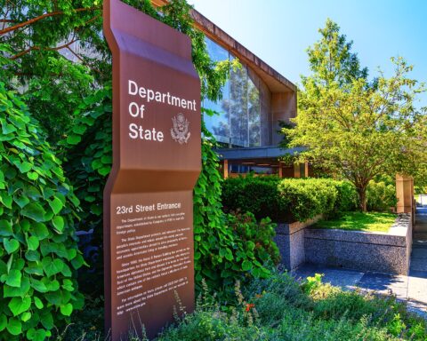 US Department of State building Washington DC, 23rd Street entrance — headquarters of American diplomacy hosting Lebanon-Israel talks