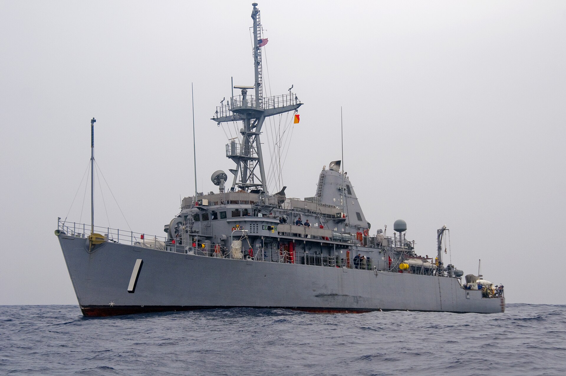 USS Avenger MCM-1 mine countermeasures ship at sea, Avenger-class minesweeper US Navy