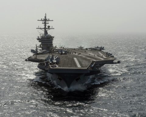 USS Carl Vinson (CVN-70) Nimitz-class aircraft carrier underway in the Arabian Sea, part of the US carrier strike group deployed to the US 5th Fleet area of responsibility