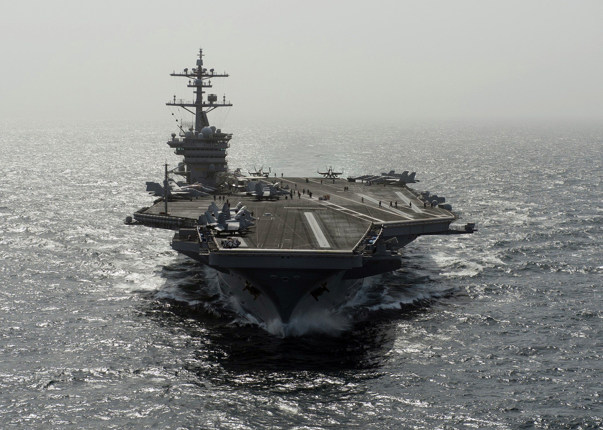 USS Carl Vinson (CVN-70) Nimitz-class aircraft carrier underway in the Arabian Sea, part of the US carrier strike group deployed to the US 5th Fleet area of responsibility
