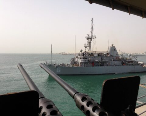USS Devastator (MCM-6) Avenger-class minesweeper at Naval Support Activity Bahrain, US Fifth Fleet headquarters
