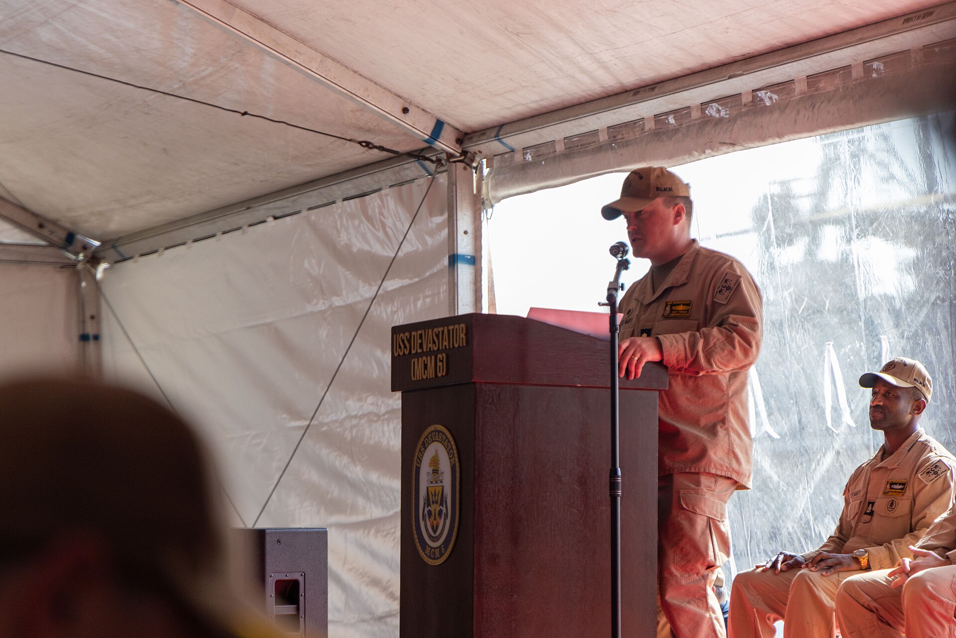 USS Devastator (MCM-6) decommissioning ceremony in Manama, Bahrain, September 25, 2025 — one of four Avenger-class mine countermeasures ships retired six months before the Iran war