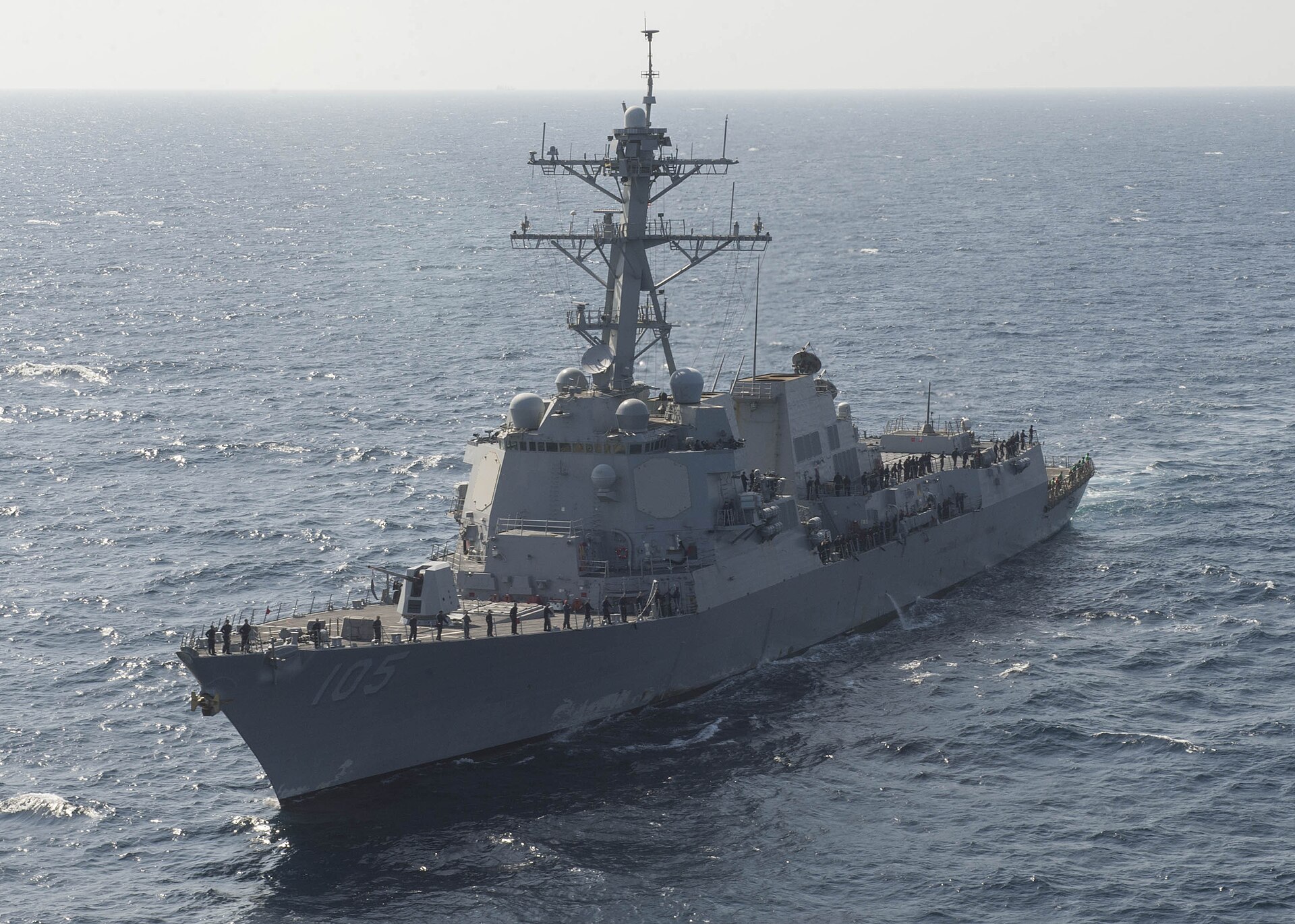 USS Dewey (DDG-105) Arleigh Burke-class guided-missile destroyer transiting the Red Sea during IMCMEX 2014, photographed by US Naval Forces Central Command and US Fifth Fleet