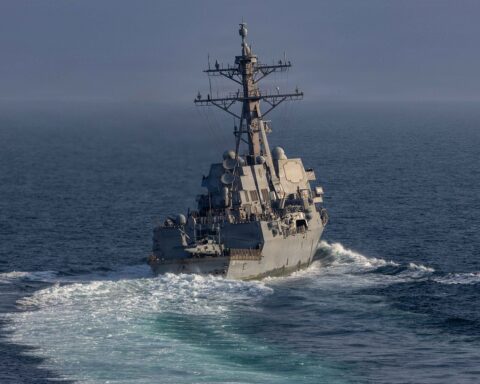 USS Frank E. Petersen Jr. (DDG-121) Arleigh Burke-class guided-missile destroyer underway in the Arabian Sea during Operation Epic Fury, March 18, 2026