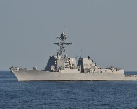 USS Sampson (DDG-102), an Arleigh Burke-class guided-missile destroyer, underway in the North Arabian Sea in the U.S. 5th Fleet area of responsibility — the same waters where CENTCOM enforces the April 13 blockade on vessels bound for Iranian ports