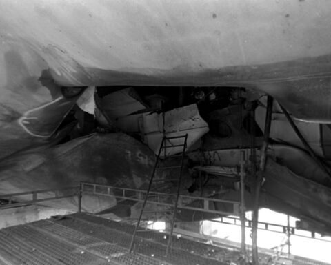 Hull damage to USS Samuel B. Roberts (FFG-58) after Iranian mine strike in the Persian Gulf, April 14 1988, Dubai dry dock
