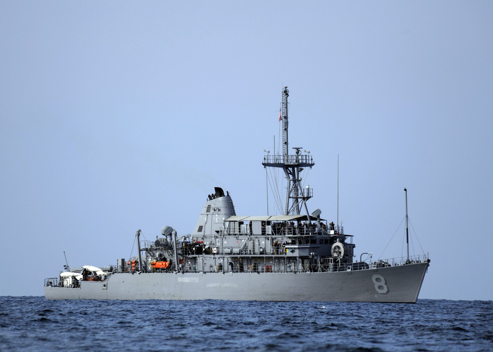 USS Scout (MCM-8), an Avenger-class mine countermeasure ship, operating in the Strait of Hormuz during joint mine countermeasure exercises, 2010