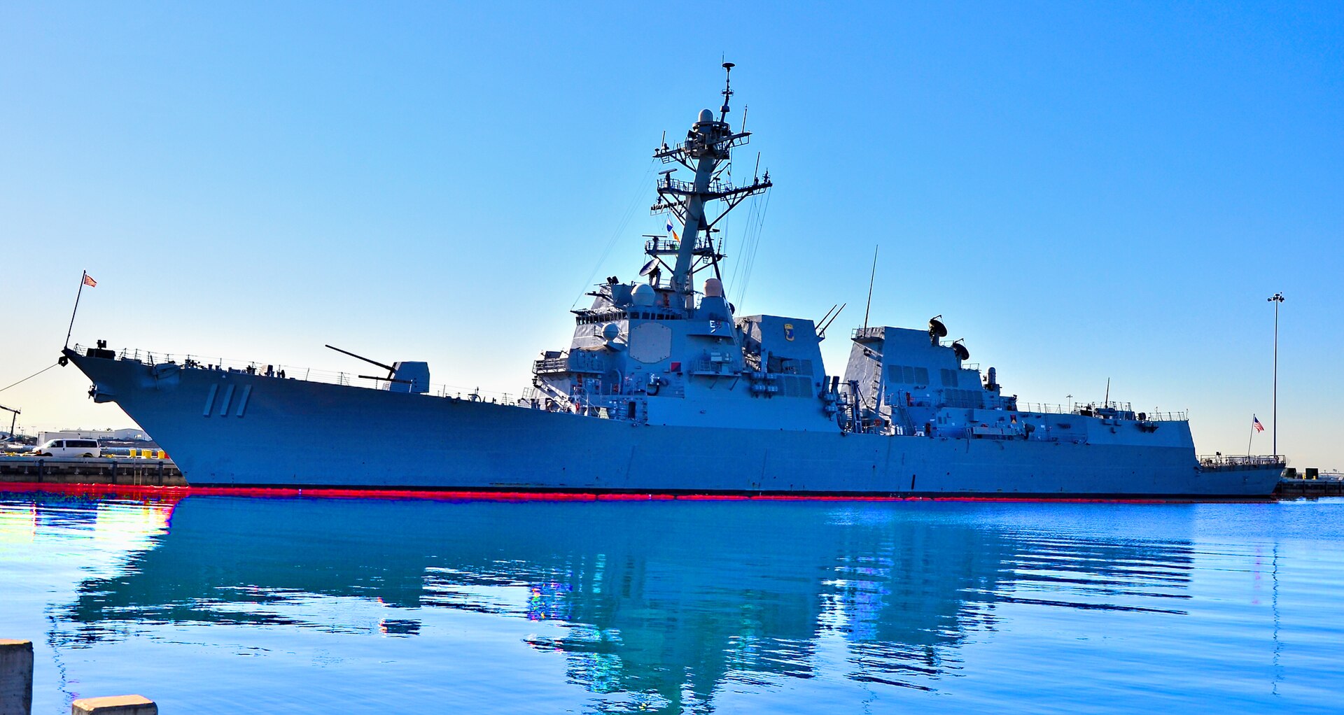 USS Spruance DDG-111 guided-missile destroyer moored showing hull number 111, the vessel that fired on and disabled the M/V Touska on April 20 2026