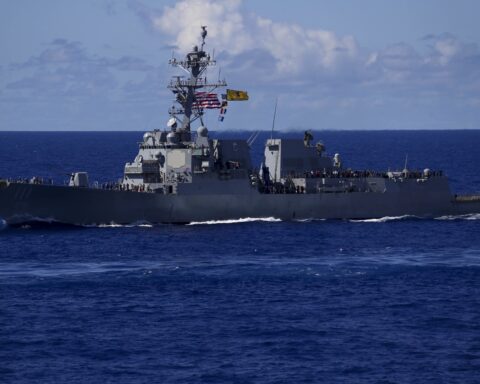 USS Spruance (DDG-111), an Arleigh Burke-class guided-missile destroyer, underway at sea — the vessel that intercepted and fired upon the Iranian cargo ship Touska on April 19, 2026