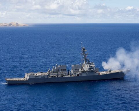 USS Spruance DDG-111 fires its Mk 45 gun during a naval exercise, Pacific Ocean, June 2016