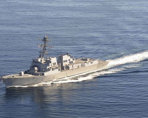 USS Spruance DDG-111 Arleigh Burke-class destroyer underway at sea, US Navy public domain