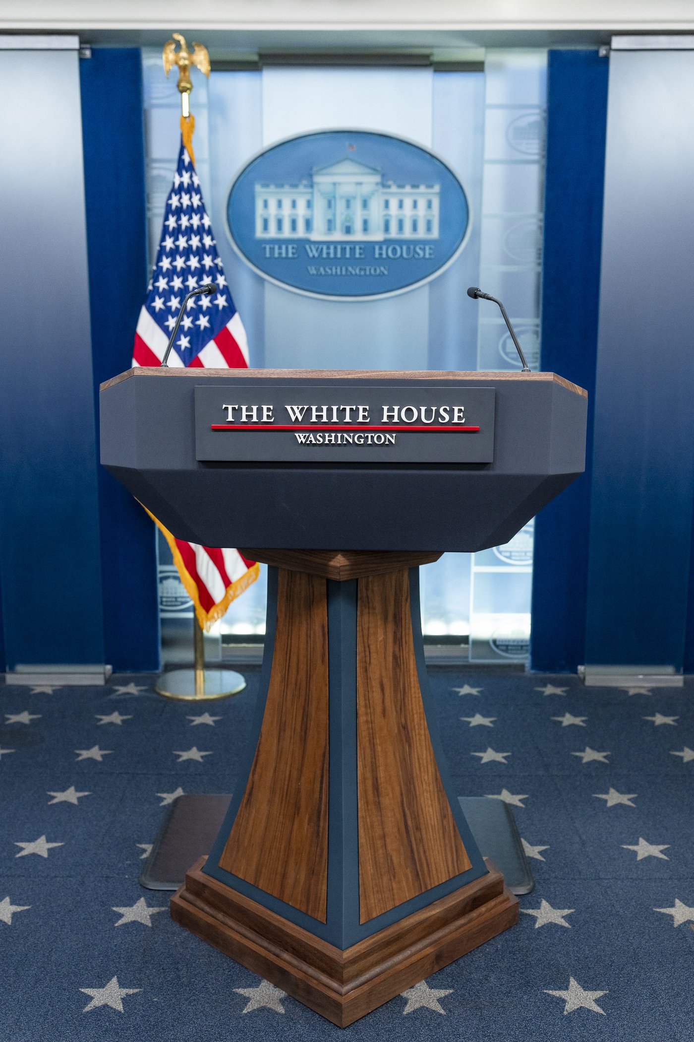 White House James S. Brady Press Briefing Room podium, December 2023