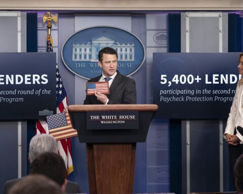 White House James S. Brady Press Briefing Room podium with Presidential seal