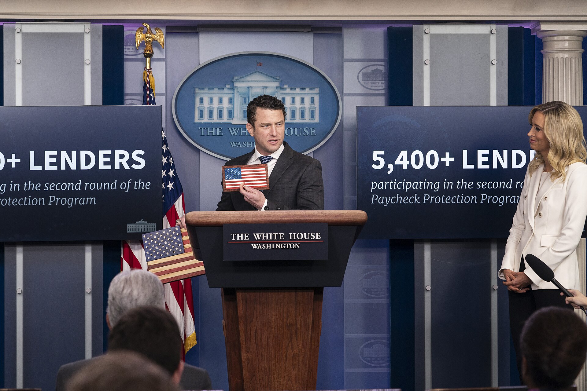 White House James S. Brady Press Briefing Room podium with Presidential seal