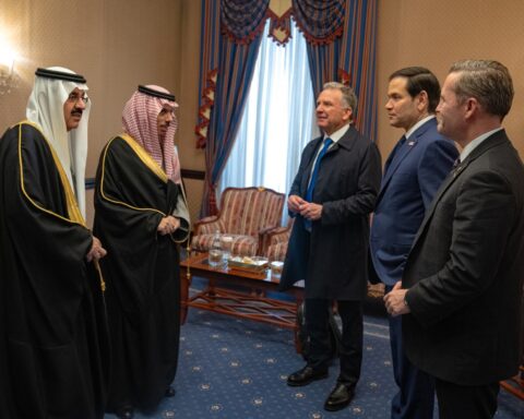 US envoy Steve Witkoff, Secretary Marco Rubio, and National Security Advisor Mike Waltz meet Saudi Foreign Minister Prince Faisal bin Farhan at Diriyah Palace, Riyadh, February 2025